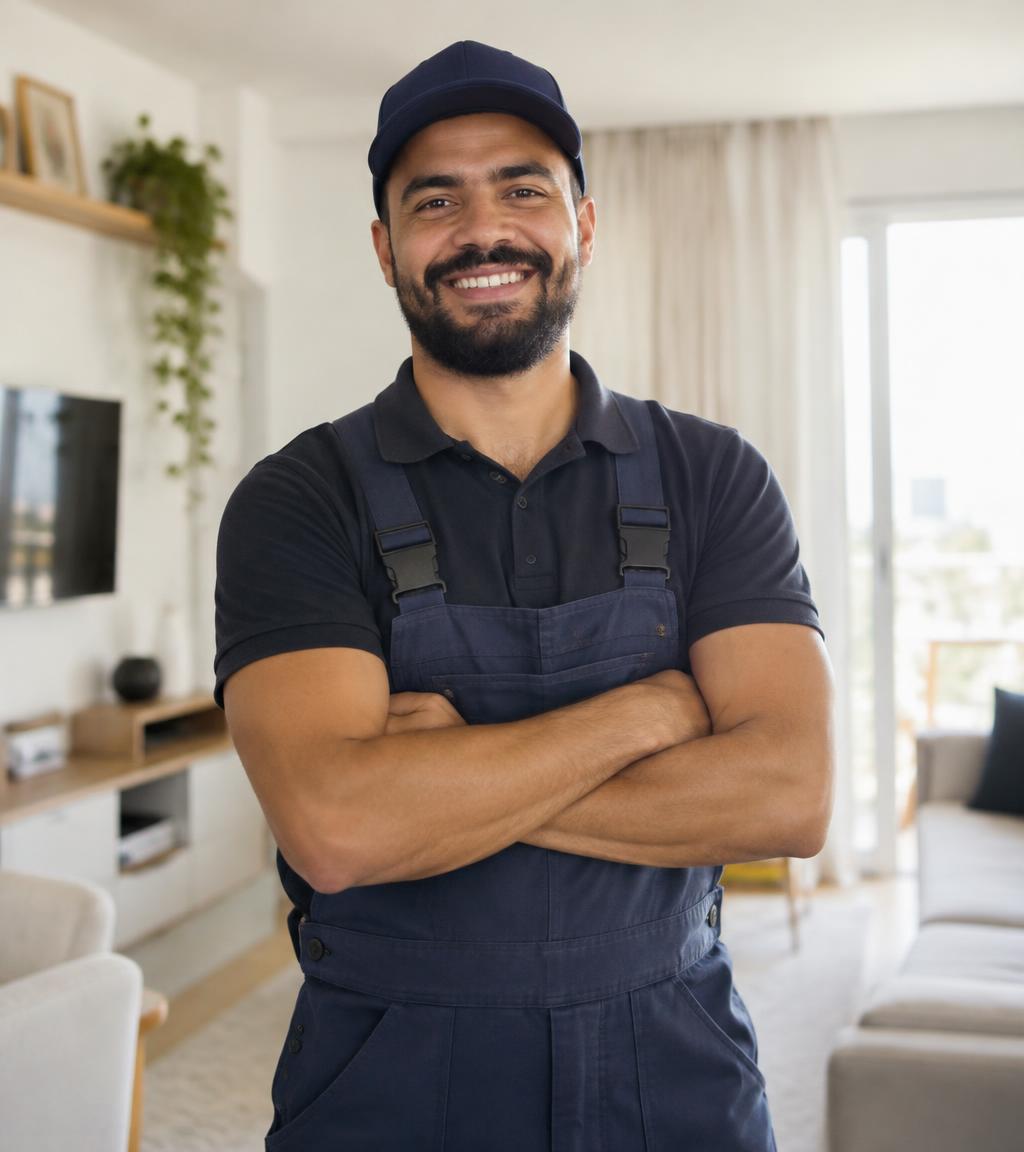 Profissional sorrindo em um apartamento